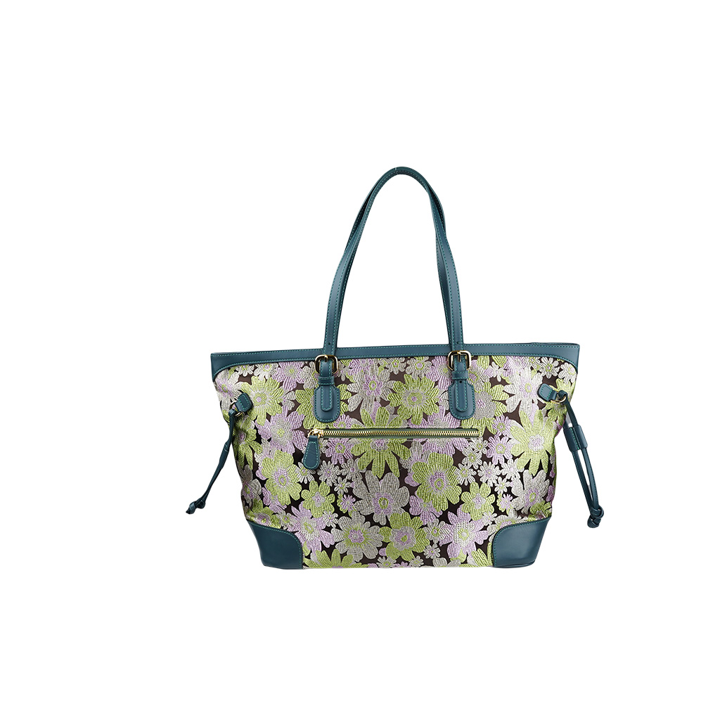 Magasin de Cuir: Silk and genuine cowhide tote bag - Pink x Green