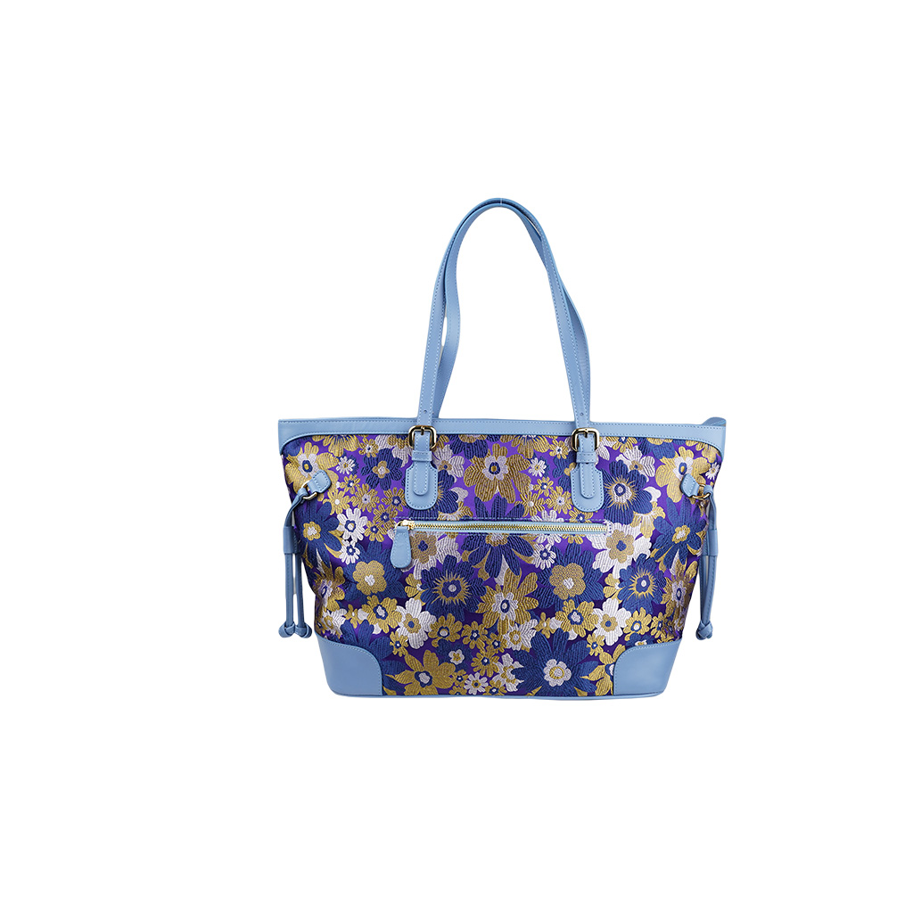 Magasin de Cuir: Silk and genuine cowhide tote bag - Purple x Blue Gray